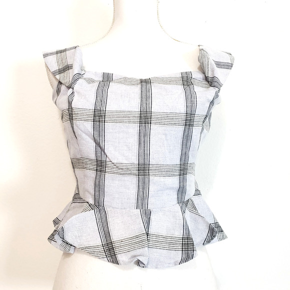 NEW!! Chriselle X J.O.A. SIZE M Off The Shoulder Plaid Gray Blue Blouse Top - Picture 7 of 14